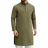 Runcati Mens Kaftan Thobe Long Sleeve Casual Henley Shirts Button Down Kurta Cotton Linen Muslim Gown Robe