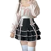 Cuteighteen Lolita Tiered Mini Skirt Women Skorts Kawaii Layered Ruffle High Waist Lace Up A Line Cute Skirts for Teen Girls