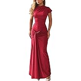 SKAYS Women's 2025 Tie Back Maxi Long Dress High Neck Short Sleeve Ruched Bodycon Cocktail Wedding Guest Elegant Dress