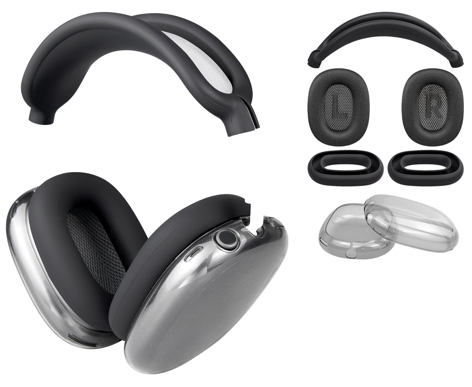 SOULWIT Replacement Kit for AirPods Max, Mesh Fabric Earpads + Headband Cover + TPU Case Protector + Silicone Ear Pads Cover, Sweatproof, Anti-Scratch Accessory, Cushions with Softer Foam - Black