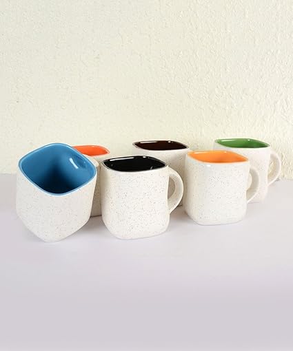 Stylemyway Handcrafted White Matte Square Ceramic Mug-Set Of 6