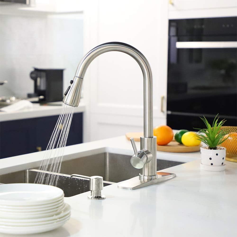 FORIOUS Kitchen Faucet with Pull Down Sprayer Brushed Nickel, High Arc Single Handle Kitchen Sink Faucet with Deck Plate, Commercial Modern rv Stainless Steel Kitchen Faucets, Grifos De Cocina - - 