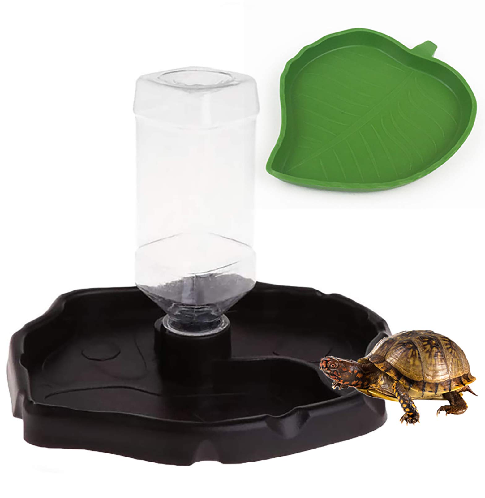 PINVNBY Reptile Food Water Bowl 2 in 1 Feeding Dish Automatic Dispenser Turtle Feeders Waterer With Leaf Plate Dish for Lizards Tortoises Gecko Chameleon 2 PCS (black)