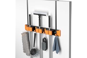 Unjumbly Broom Holder Wall Mount, Drilling Free Mop and Broom Holder with 2 Over Door Hooks, Tool Organizer for Laundry Room, Garage, Kitchen, Closet, Bathroom, Pantry - Orange