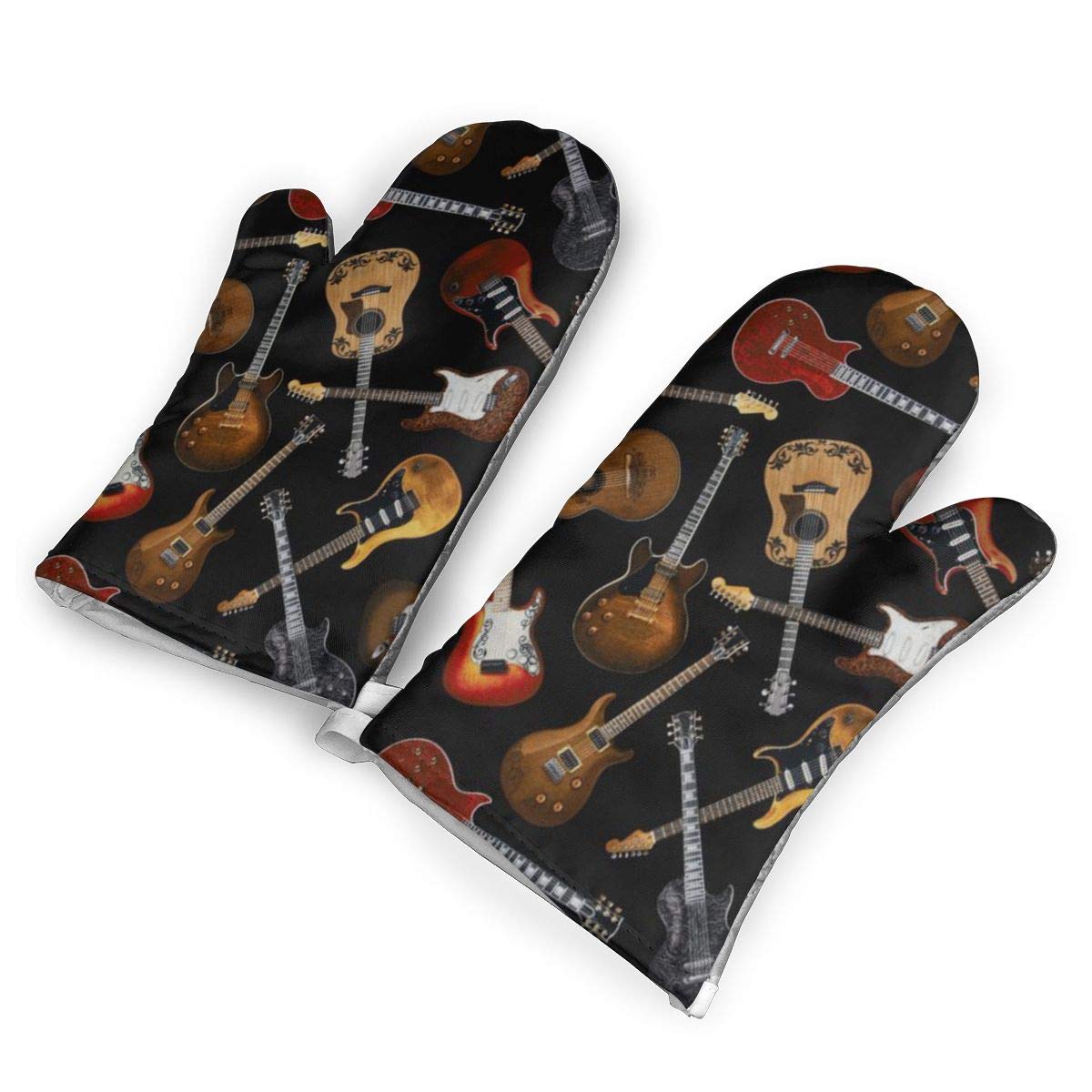 Guitars Black Oven Mitts Gloves 2 Set Microwave BBQ Oven Cotton Baking Pot Mitts, Kitchen Glove Heat Resistant Cook Gloves Mitts Cooking, Baking, Barbecue Potholder, Present