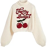 BEAUDRM Women's Cherry Embroidered Turtleneck Sweaters Long Sleeve Knit Pullover Tops Knitwear