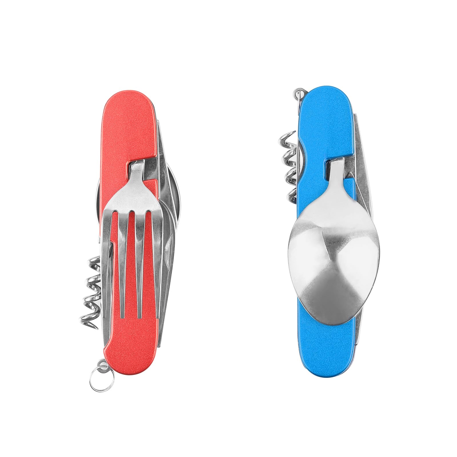 FUZVOL Folding Camping Cutlery Set Stainless Steel Portable Utensil 6 in 1 Multitool Outdoor Tableware for Travel, Hiking, Picnic (2 Pack), Blue+Red