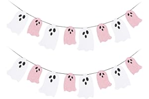 TEEPOLLY Halloween Hanging Ghost Banner White Pink Glitter Halloween Party Ghost Banner for Haunted Houses Doorways Indoor Outdoor Home Decor Haunted Mansion Halloween Ghost Decorations (2 Pack)