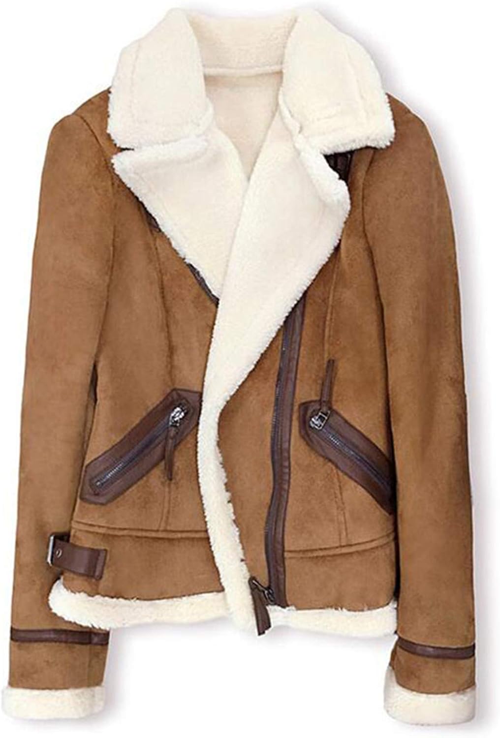 TY.OLK Brown Shearling Coats Women Coffee Lambs Wool Short Biker Faux