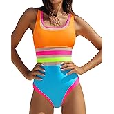 popvil Neon Color Block One Piece Bathing Suit for Women Mesh Tummy Control Swimsuit Teens Sport High Cut Scoop Swimwear