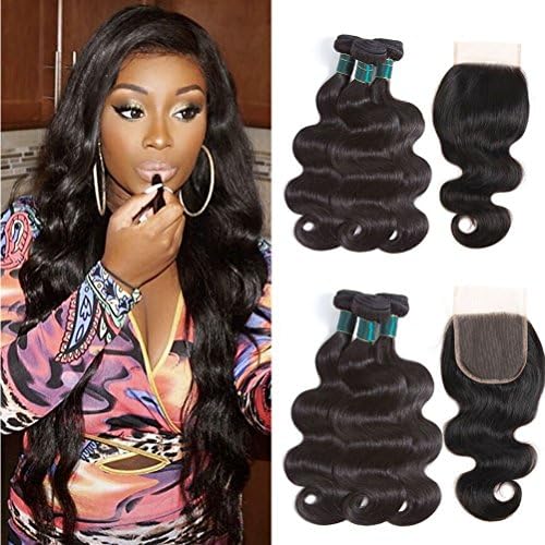 Miss Flower Brazilian Body Wave Bundles with Closure 8A Brazilian Virgin Hair with Closure Human Hair Bundles with Lace Closure Free Part (20 20 20+18 closure, Natural Black)