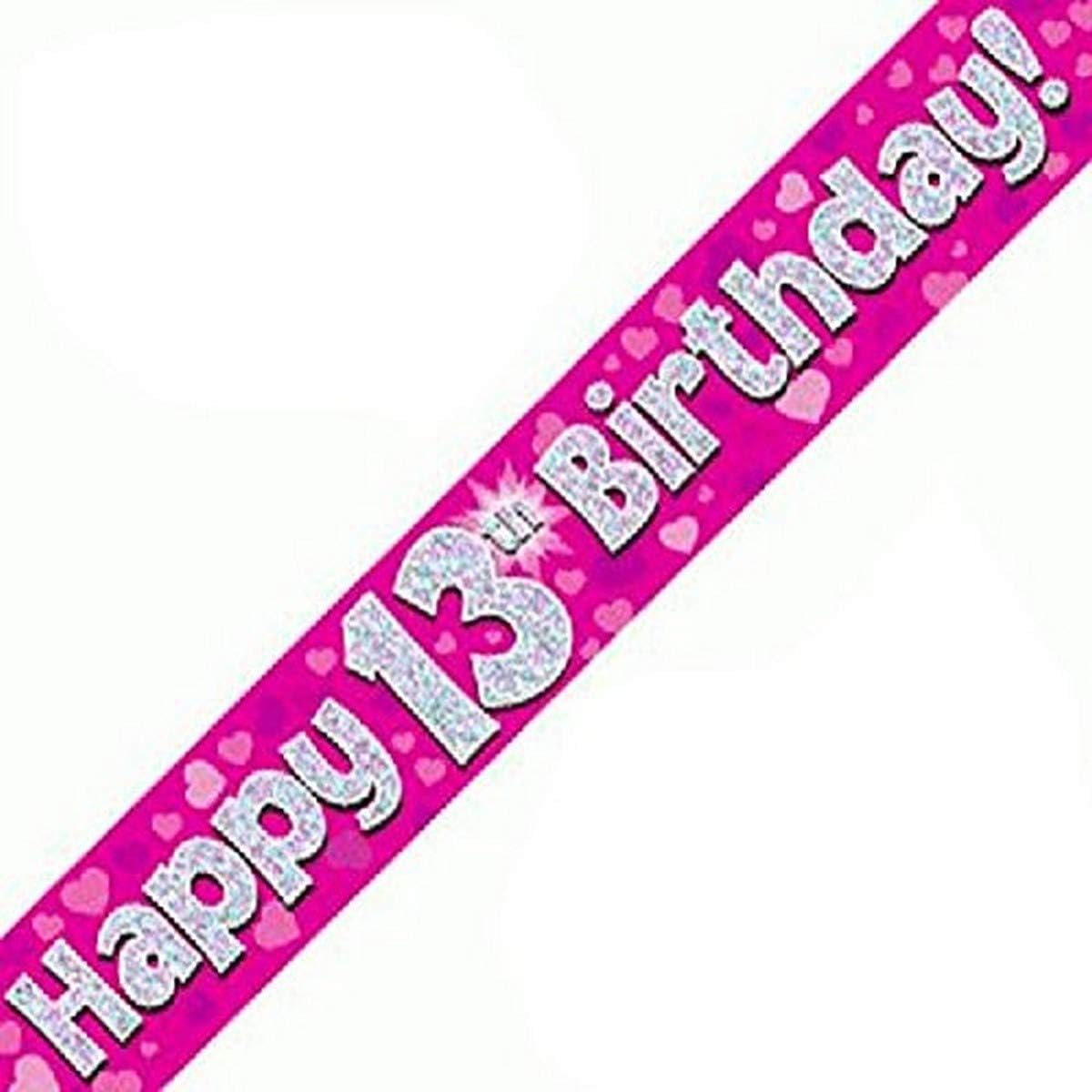 9ft Banner Happy 13th Birthday Pink holographic, 9 ft