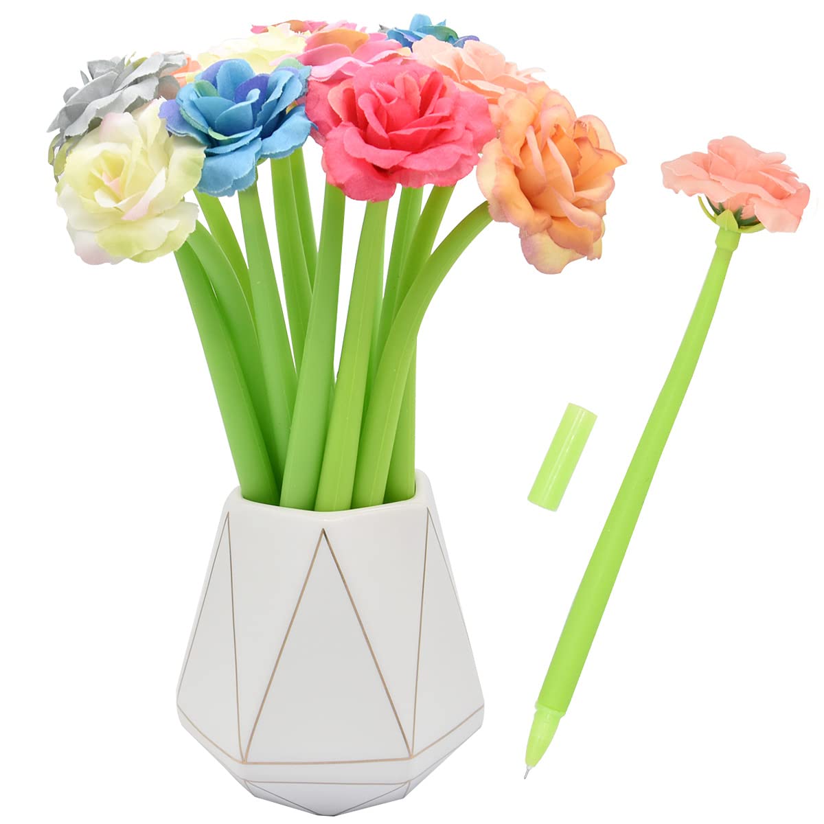 SIPLIV 12Pcs Creative Artificial Flowers Gel Ink Pen Ballpoint Pen Liquid Black 0.5mm Gel Ink Rollerball Pen for Girls Women, Office School Supplies - Chinese Rose