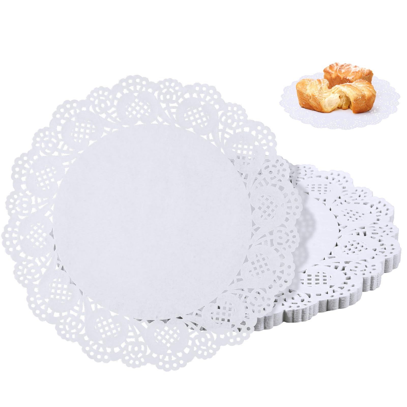 Photo 1 of 100 Pieces Paper Doilies, 12 Inch Doilies for Food, Disposable Lace Paper Doilies for Tables, Round Paper Placemats Bulk for Cakes Desserts Crafts (White)