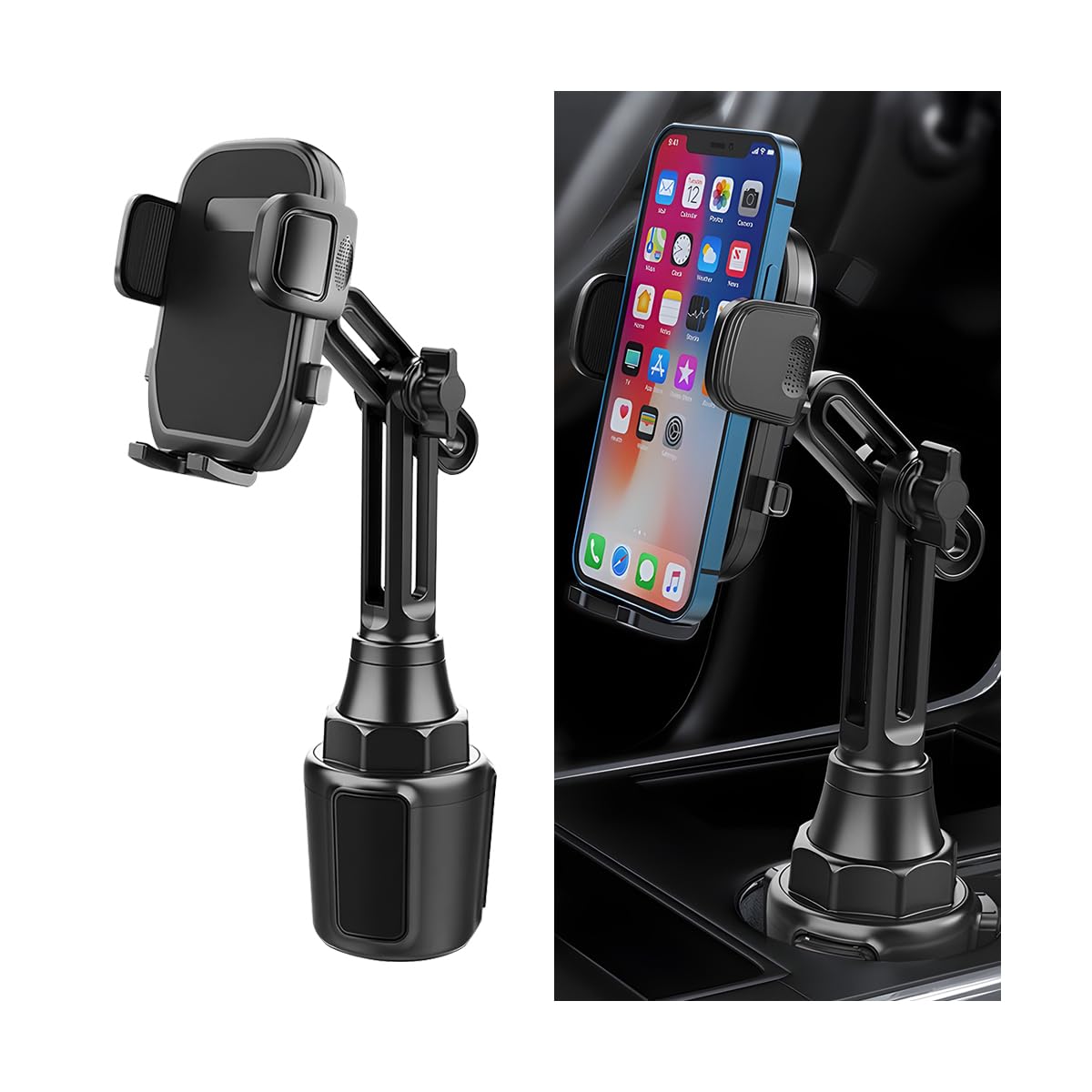 Sandfren Car Cup Phone Holder, 360° Rotation Carbon Fiber Vehicle Cup Cellphone Holder with Long & Adjustable Neck, Auto Interior Smartphone Expander Mount Accessories, Universal Fit