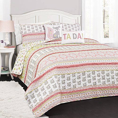 Lush Decor 16T002270 4 Piece Fox Ruffle Stripe Quilt Set Twin Pink/Gray