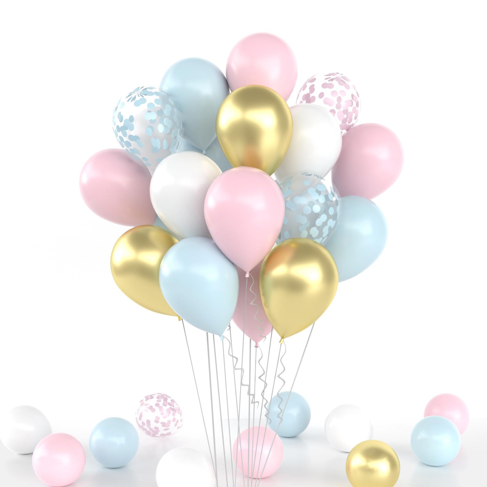 Photo 1 of 12 Inch Pink and Blue Balloon - 50 Pcs Gender Reveal Balloons Light Pink Blue White and Gold Confetti Balloons with 33ft Ribbon & Glue Dots for Baby Shower Gender Reveal Decorations or Party Supplies