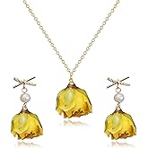 RLHRNDE Natural Rose Flower Necklace Earrings Set for Women Handcrafted Resin Casting Red Yellow Flower Necklace Unique Sparkle Rhinestone Bow Pearl Flower Dangle Drop Earrings Valentine's Day Jewelry Gifts
