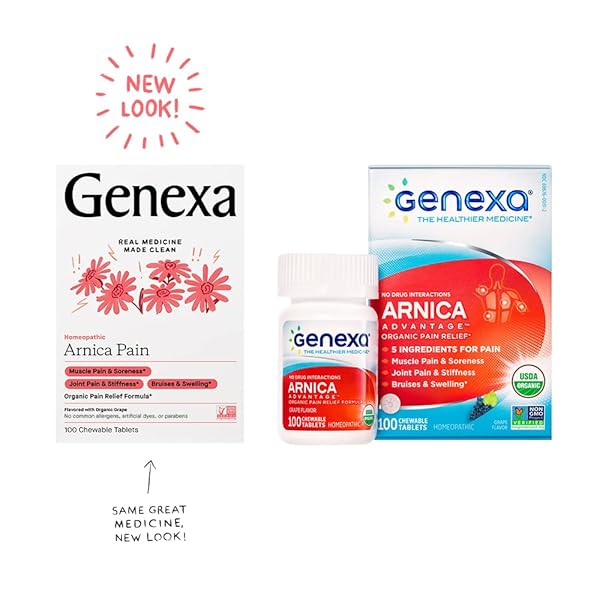 GENEXA ARNICA TABLETS FOR PAIN RELIEF FORMULA | ALLEVIATE MUSCLE & JOINT PAIN, SORENESS, & STIFFNESS | DELICIOUS ORGANIC GRAPE FLAVOR | HOMEOPATHIC REMEDY MADE CLEAN | 100 CHEWABLE TABLETS