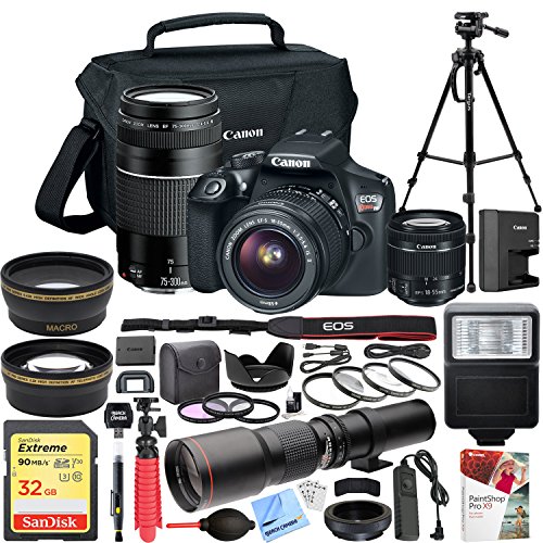 Canon EOS Rebel T6 DSLR Camera with EF-S 18-55mm f/3.5-5.6 is II + EF 75-300mm f/4-5.6 III Dual Lens Kit + 500mm Preset f/8 Telephoto Lens + 0.43x Wide Angle, 2.2X Pro Bundle