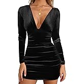 GOBLES Women's Sexy Velvet Long Sleeve V Neck Ruched Bodycon Mini Party Dress