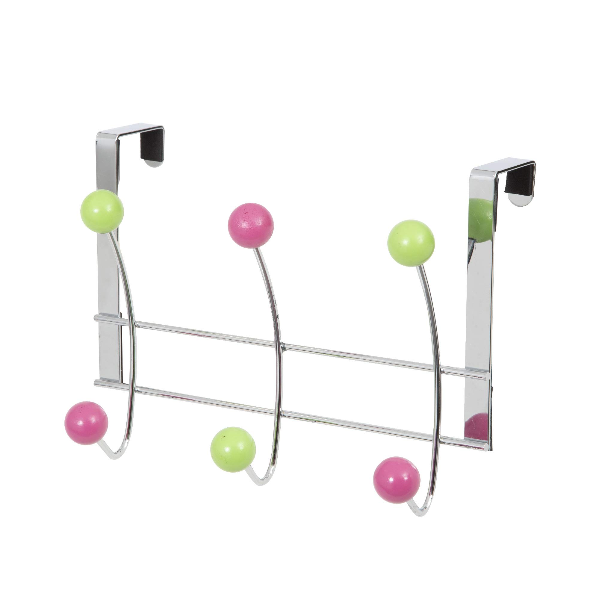 Compactor Candies 6-Hook Over Door Coat Hanger, Multicoloured Wooden Hooks, Chrome Steel, 25 x 5.4 x H. 17.5 cm, RAN6010