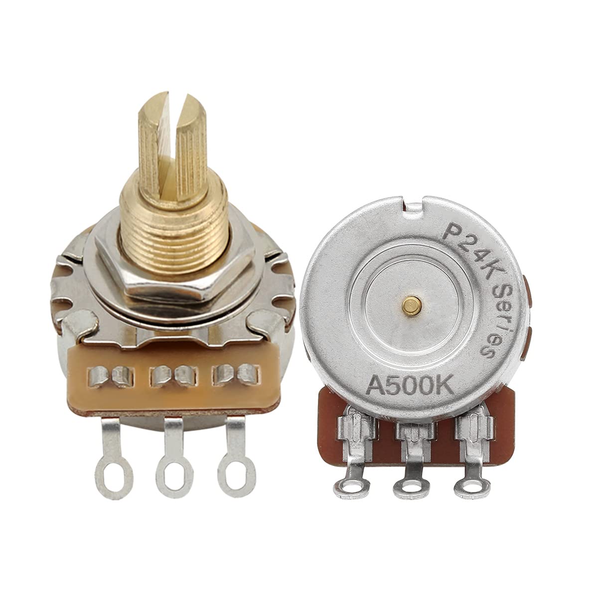 FLEOR Long Brass Shaft Control Pots A500K Audio Taper Potentiometers 24 Spline Split Shaft D3/8" for Electric Guitar Control Volume Tone, Pack of 2