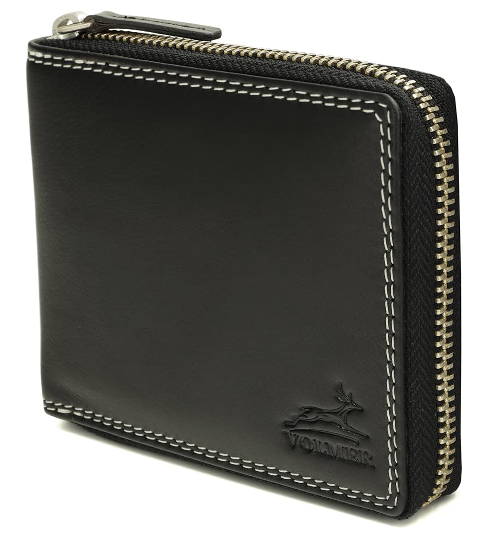 Fa.Volmer ® Men's Leather Wallet - Genuine Leather Wallet with All-Round Zip - RFID Protection - Coin Compartment with Shopping Trolley Chip Holder, Black, Zipper, Retro