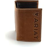ARIAT Men’s Western Leather Trifold Wallet with Vertical Debossed Logo, Brown