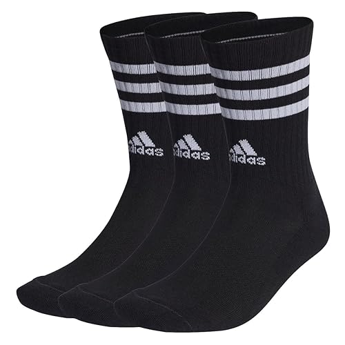 adidas Unisex Kids 3-Stripes Cushioned Crew Socks 3 Pairs, Black/White, 3-4 Years