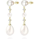 Voaino Pearl Earrings for Women 14K Gold Plated/925 Sterling Silver Double Pearl Dangle Drop Earrings for Bridal Wedding Prom Jewelry Gifts