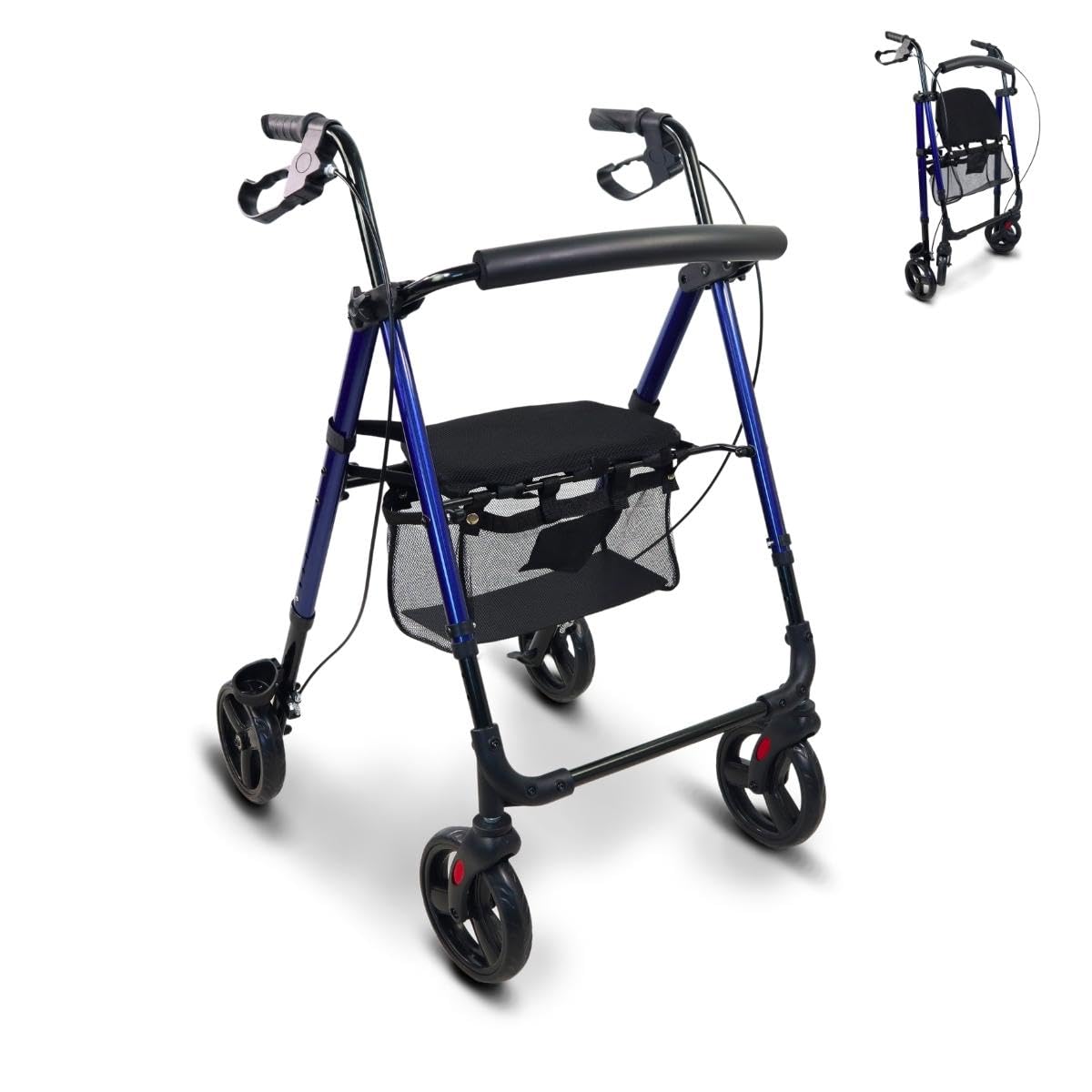 Mobiclinic®, Rollator 4 Wheel, Mobility Walker, Folding, Lightweight, Aluminium, Walking aids Augusto, Adjustable Legs and seat, Brakes on Handles,with Walking Stick Holder, with Basket