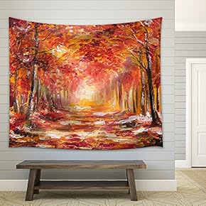 Oil Painting Landscape - Colorful Autumn Forest - Fabric Wall Tapestry Home Decor - 51x60 inches