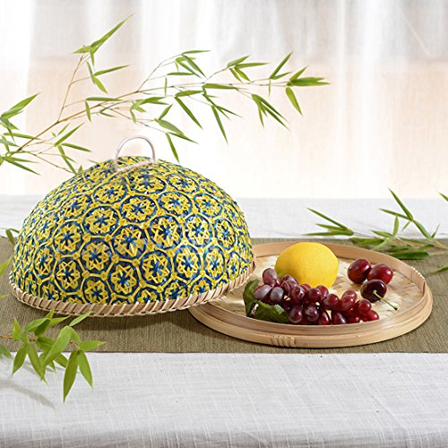 Coralpearl Bamboo Wicker Rattan Woven Table Serving Trays Food Storage Plate Platters with Handles and Fly Dome Lid Cover for Picnic Party Bread,Cake,Pizza,Dry Fruit,Dessert,Indoors Outdoor (Bamboo 2)