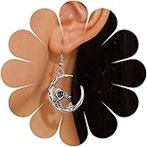 Erimberate Punk Skull Crescent Dangle Earrings Silver Skeleton Moon Drop Earrings Gothic Skeleton Hook Earrings Skull Tusk Moon Earrings Jewelry for Women Gifts