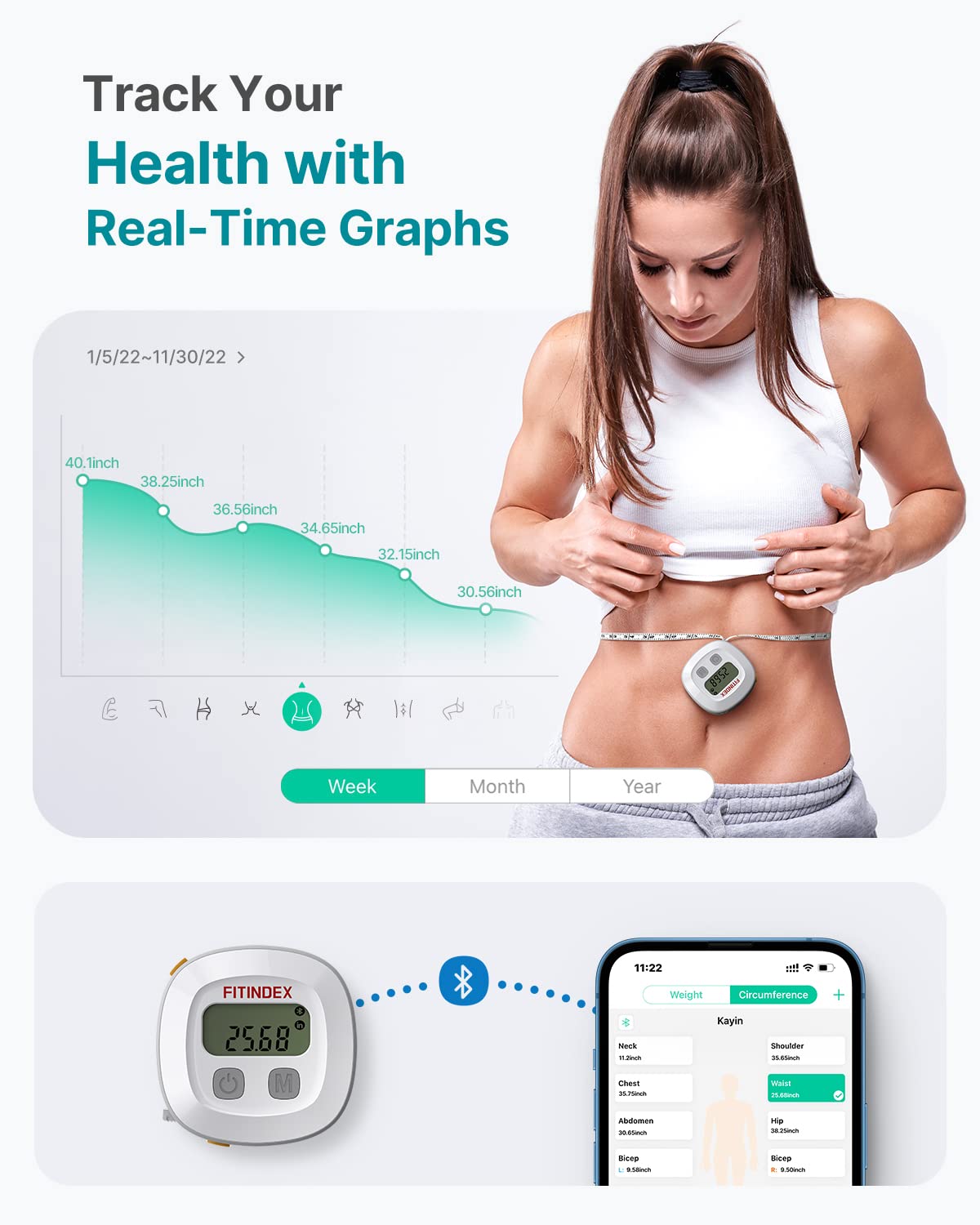 FITINDEX Smart Measuring Tape, Body Tape Measure for Body Measurements, Retractable, Waist, Hip, Bust, Arms, Fitness, Accurate, Body Building, Weight Loss, Sync with APP