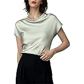 Mettclasi Women's Silk Satin Cowl Neck Short Sleeve Top, Elegant Dressy Casual Summer Blouse Shirt Solid T-Shirt
