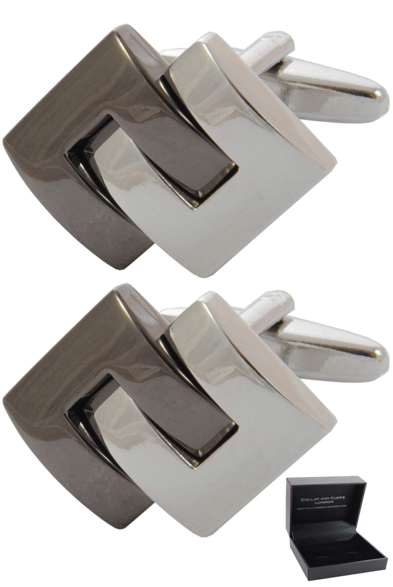 Cufflinks for Men + Presentation Box - Silver Colour - Symmetrical Interlocking C Design Modern Fashion Design Style - Solid Brass Metal - Silver and Bronze Colours - One Pair