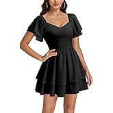 Rooscier Women's Tie Back Wrap V Neck Layered Ruffle Hem A Line Short Sleeve Mini Dress
