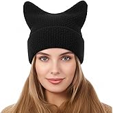 Cute Black Cat Ears Beanie for Women Men, Winter Warm Hats Soft Knit Lazy Lightweight Beanie Y2k for Women Men, Vintage Crochet Hat Thick Slouchy Warm Cat Ears Hats