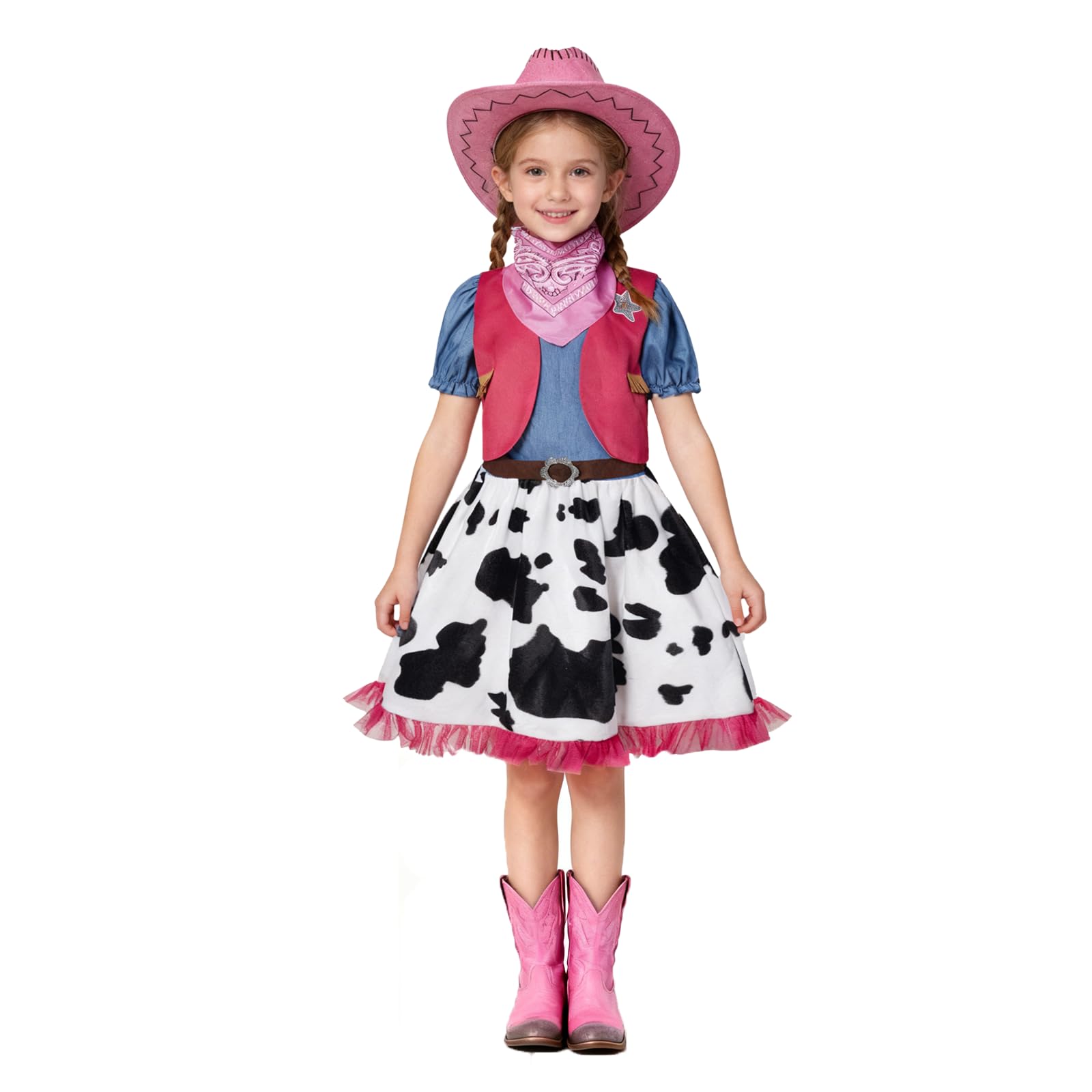 maxToonrain Cowgirl Costume for Girls Funny Holiday Princess Halloween Christmas Party Cow Girl Fancy Dress Outfit (Pink Vest and Pink Hat,5-6 Years) — image 1