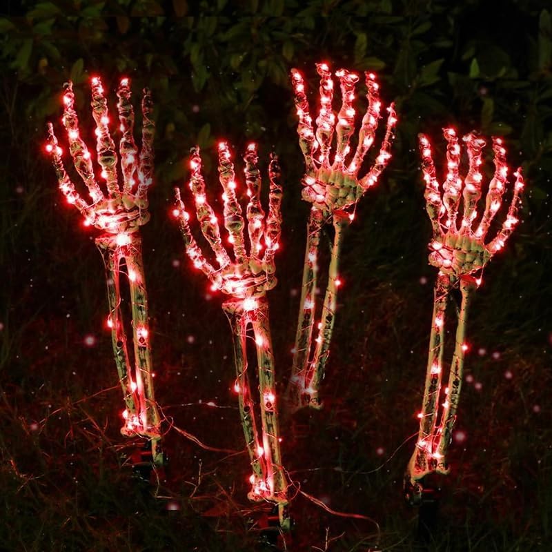 Decorative Garden Stakes - Halloween Decorations Lighted Skeleton Arm Stakes, 4PCS 100 LED Skeleton Hand Stakes and Spider Webs Decorations, Battery Operated for Outdoor Indoor Yard Lawn Garden Decor