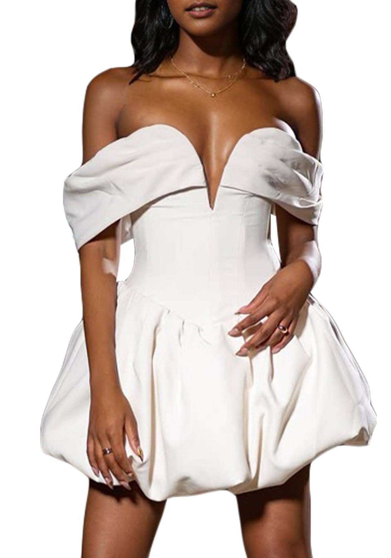 Photo 1 of DINGANG Women's V Neck Off Shoulder Bubble Mini Dress Y2K Sexy Backless A Line Party Cocktail Puffy Short Dresses White
