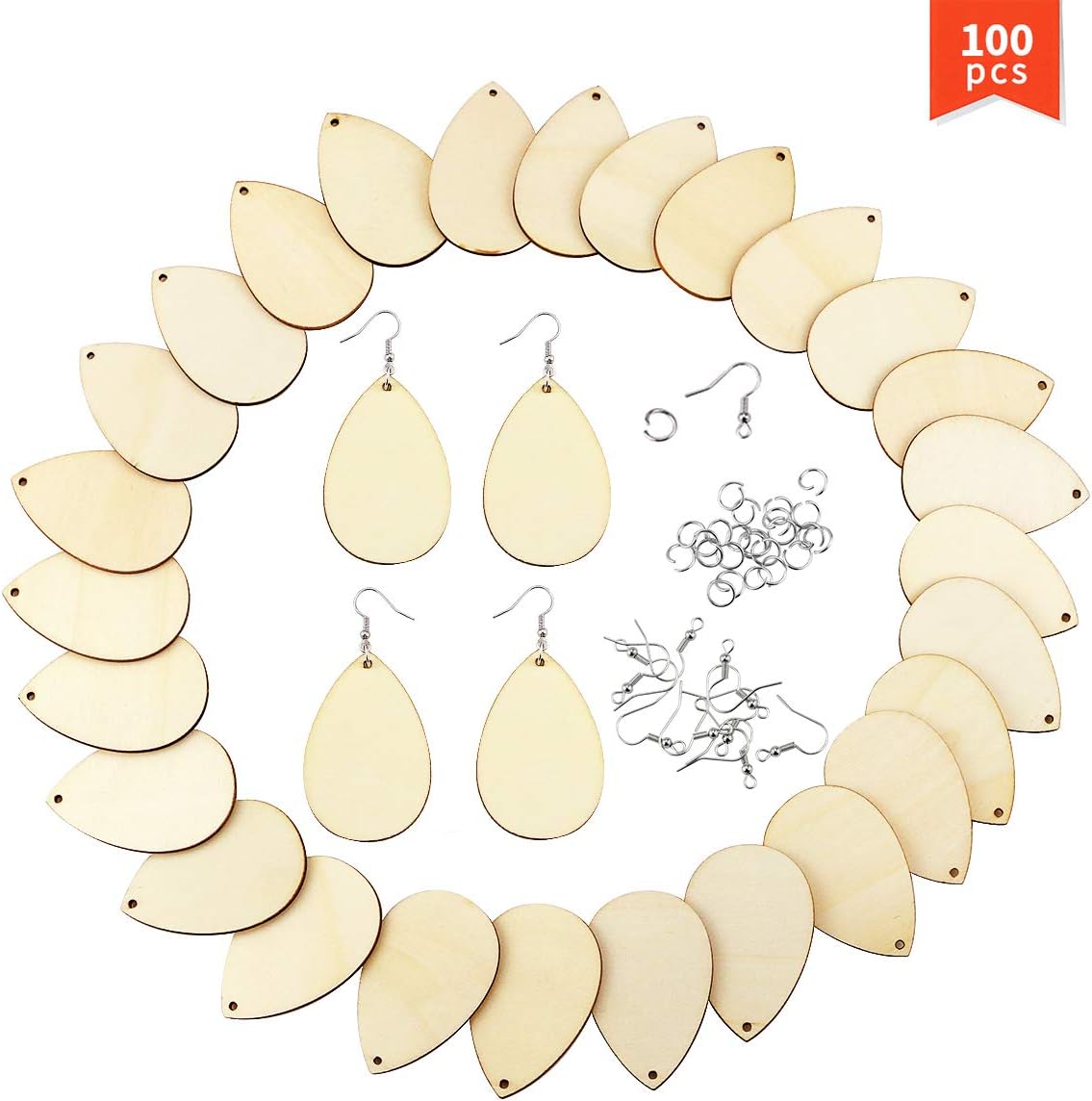 Twdrer 100PCS Unfinished Wood Teardrop Earring Pendant with 100 Pieces Earring Hooks and 100 Pieces Jump Rings,Blank Cutouts Laser Cut for Crafts DIY Jewelry Making