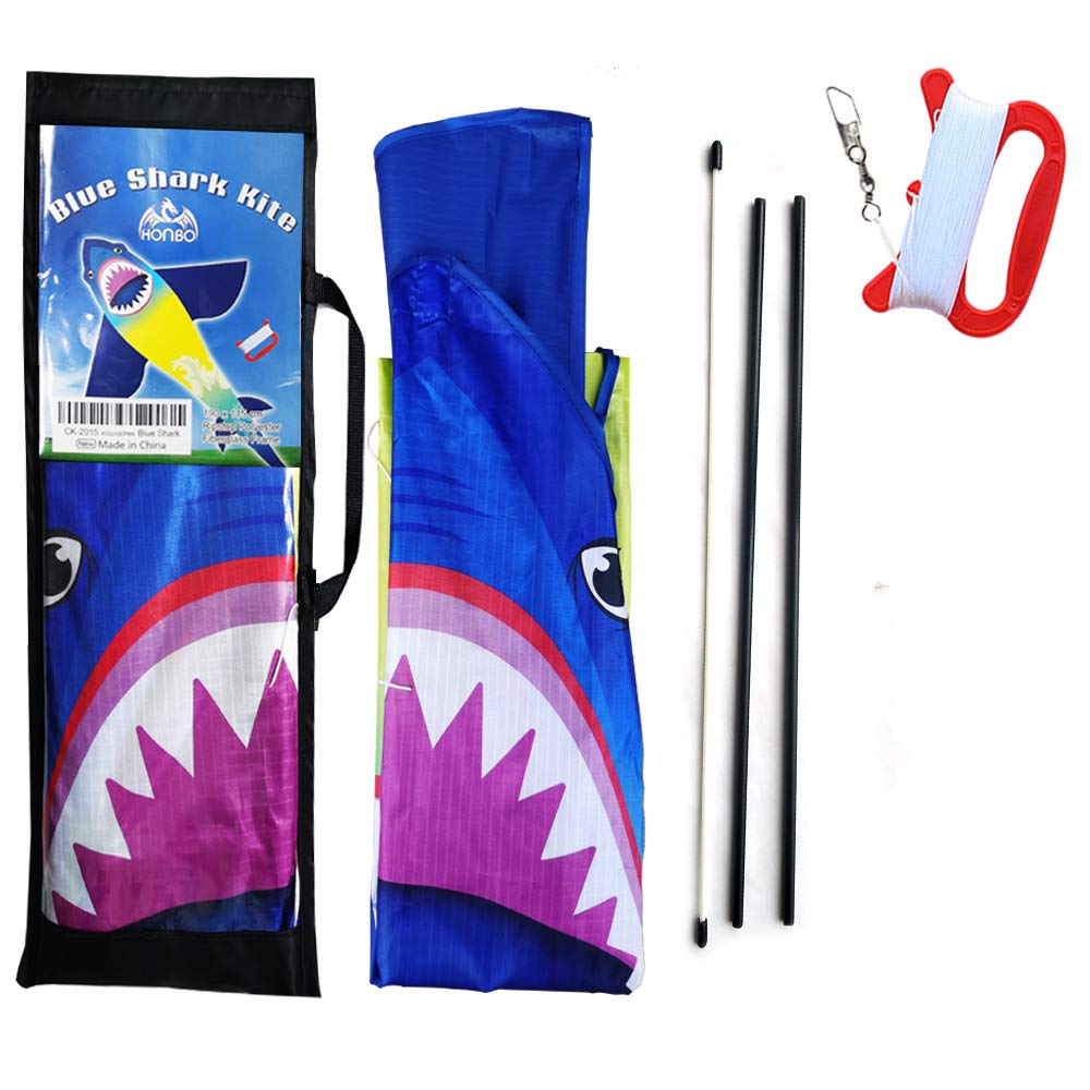 HONBO Large Shark Kites for Kids & Adults, Easy to Fly, Beginner Kite for Boys & Girls for Outdoor Game, Beach Trip, and 60 Meters String for Summer