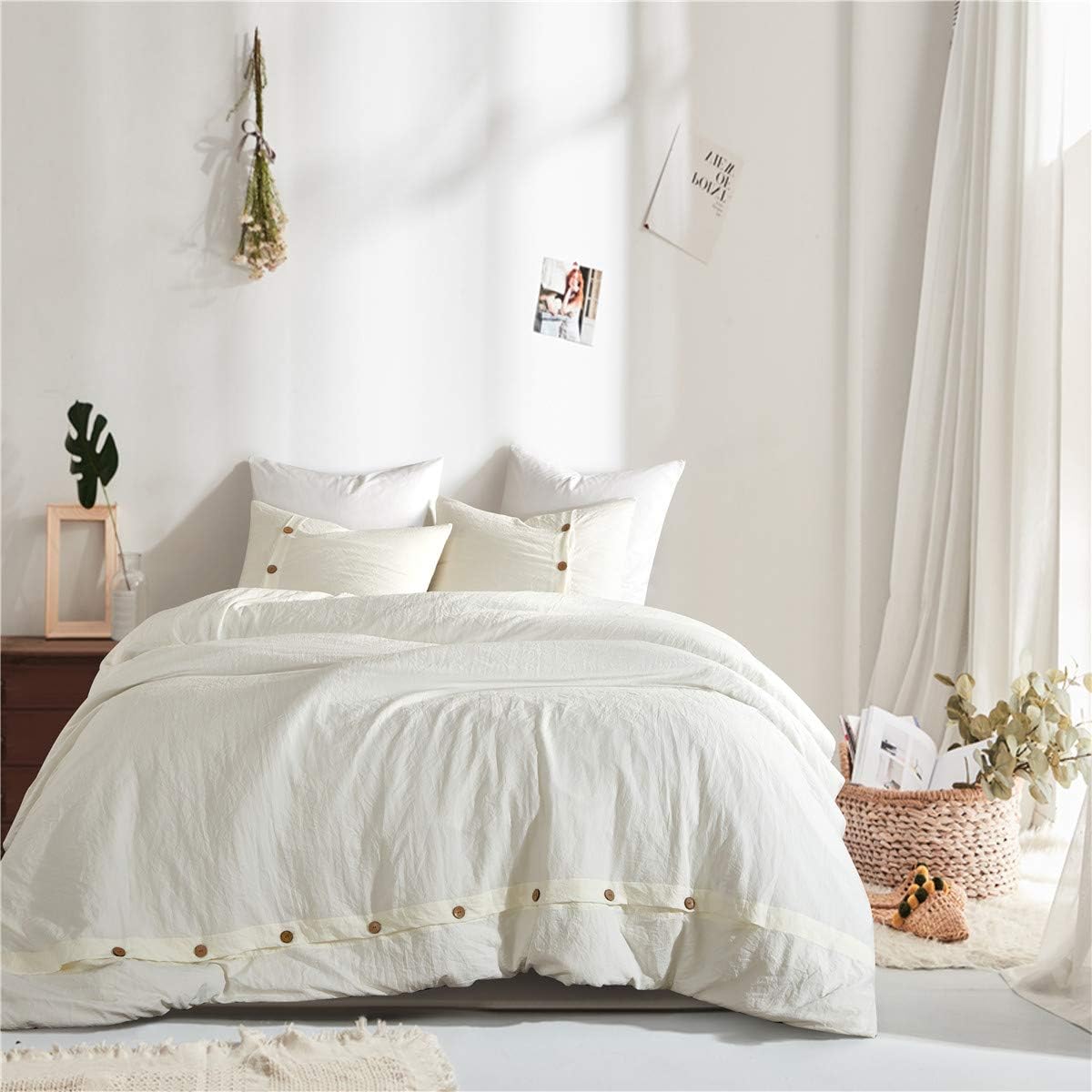 Wiseelife Solid Ivory Duvet Cover Twin with Button Closure
