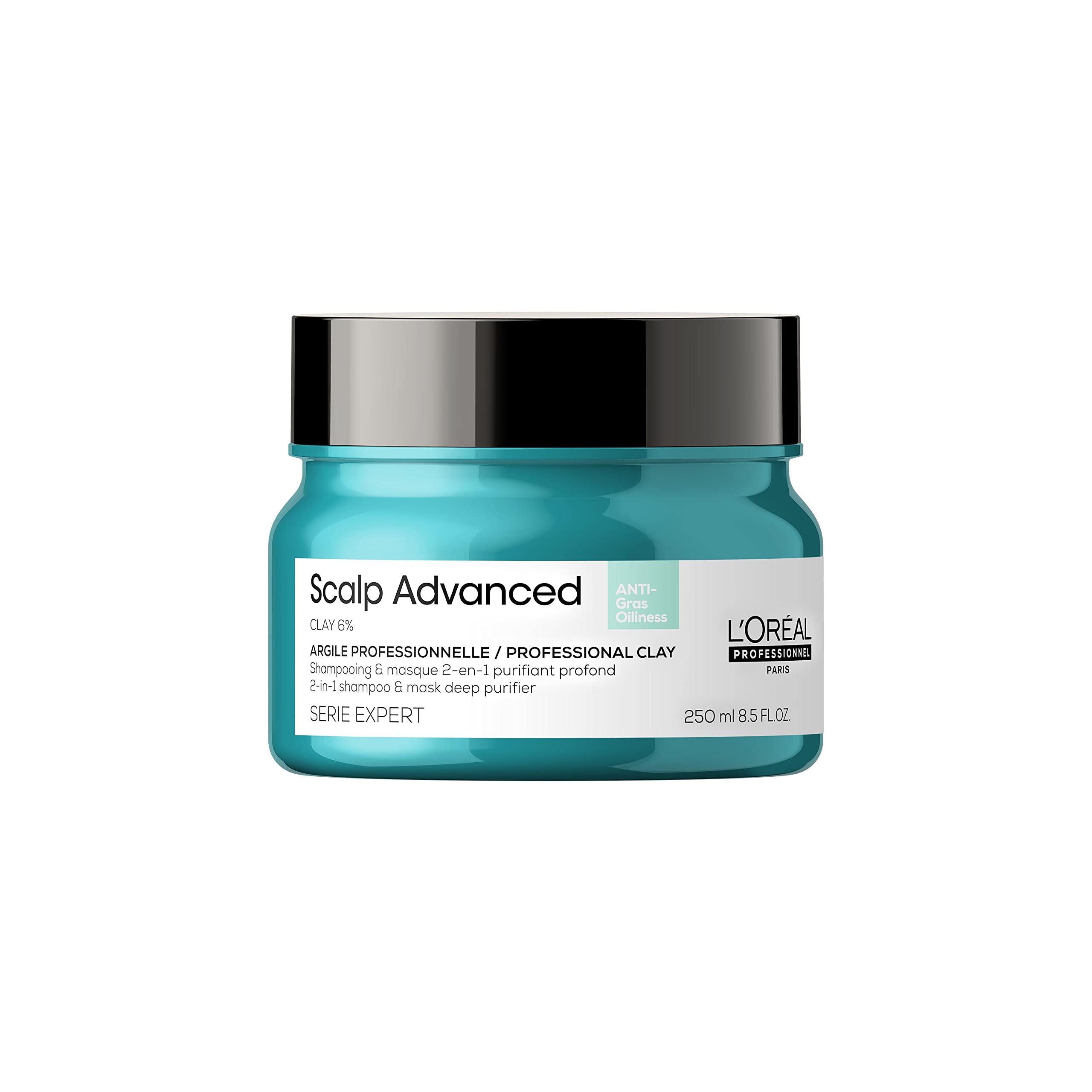 L'Oréal Professionnel 2-in-1 Hair Shampoo and Hair Mask for Cleaning Oily Scalp Advanced, Anti-Oiliness 2-in-1 Deep Purifier Clay, 250 ml
