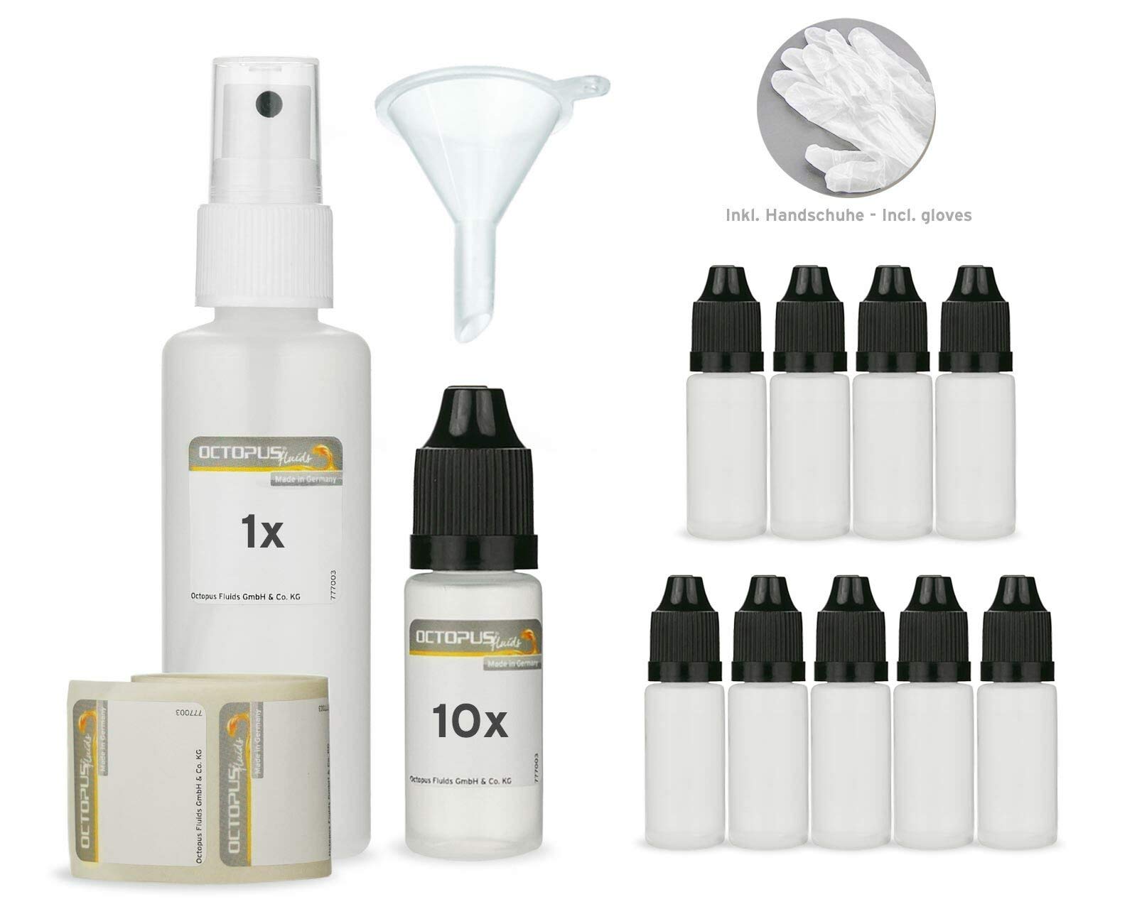 Octopus ALCOHOL INKS Plastic Bottles SET Alcohol Ink Painting with Alcohol Based Inks/Blending Solution - 10x 10 ml Dosage Bottles Empty Bottles + 50 ml Atomizer + Accessories