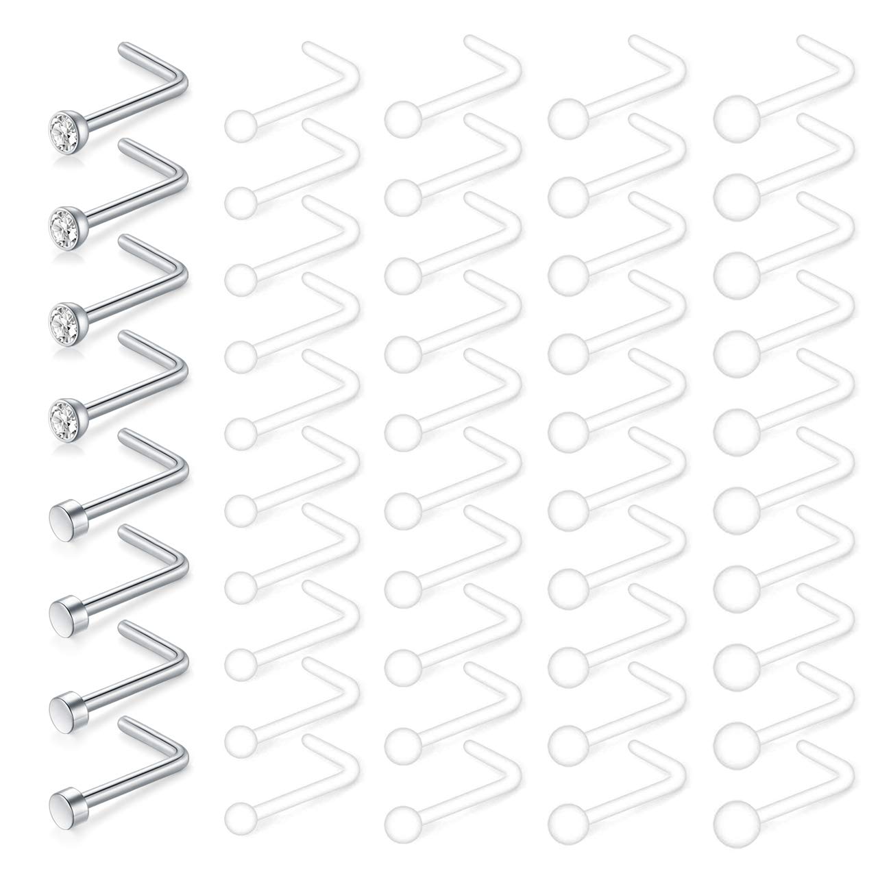 JFORYOU 20G Clear Nose Studs Nose Retainer Surgical Steel & Acrylic for Women L Shaped CZ Pin Bone Nose Screw Studs Nostril Piercing Body Piercing Jewelry