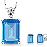 925 Sterling Silver Swiss Blue Topaz and Black Diamond Pendant and Earrings Jewelry Set For Women (17.43 Cttw, Gemstone November Birthstone, Emerald Cut 18X13MM and 6X4MM, with 18 Inch Chain)